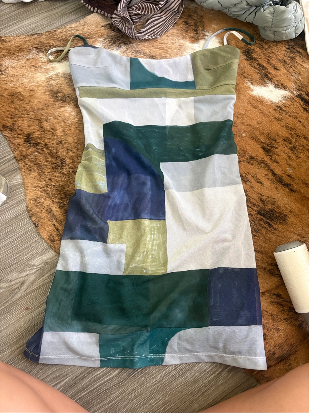 Miaou Abstract Block-Print Mini Dress in White, Green, Blue